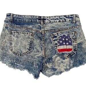 DAZL Jean Shorts US Flag Patch Distressed Frayed Fringed Splattered Denim